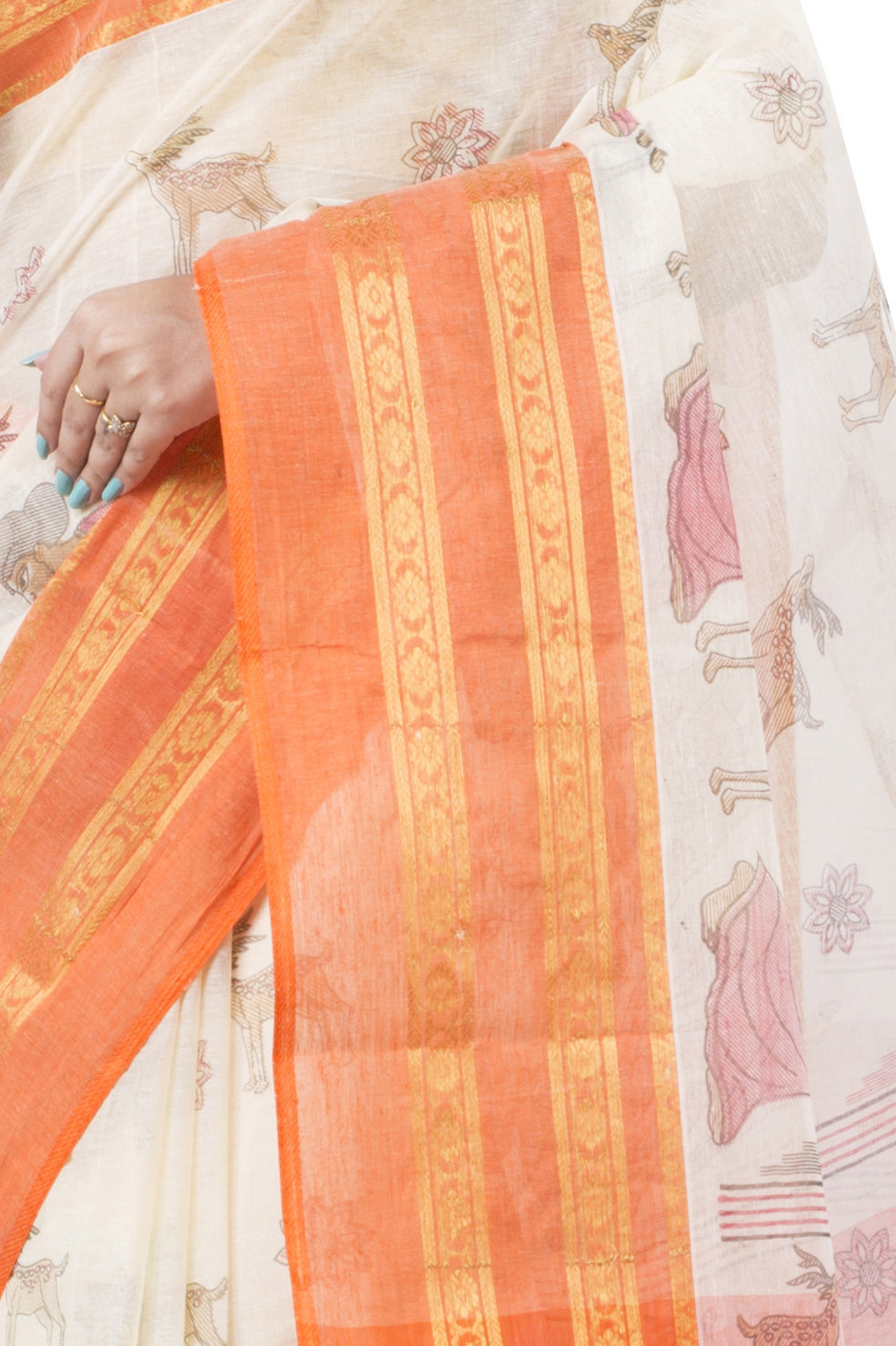 Orange Pure Cotton Sakuntala Tant Saree Print (1955)